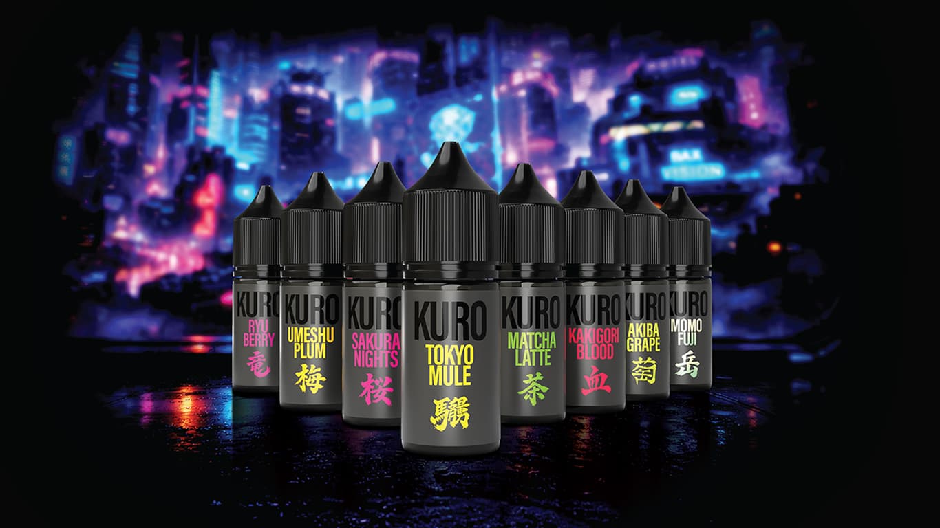 The full KURO range — eight 10ml nicotine-salt bottles against a Tokyo cityscape