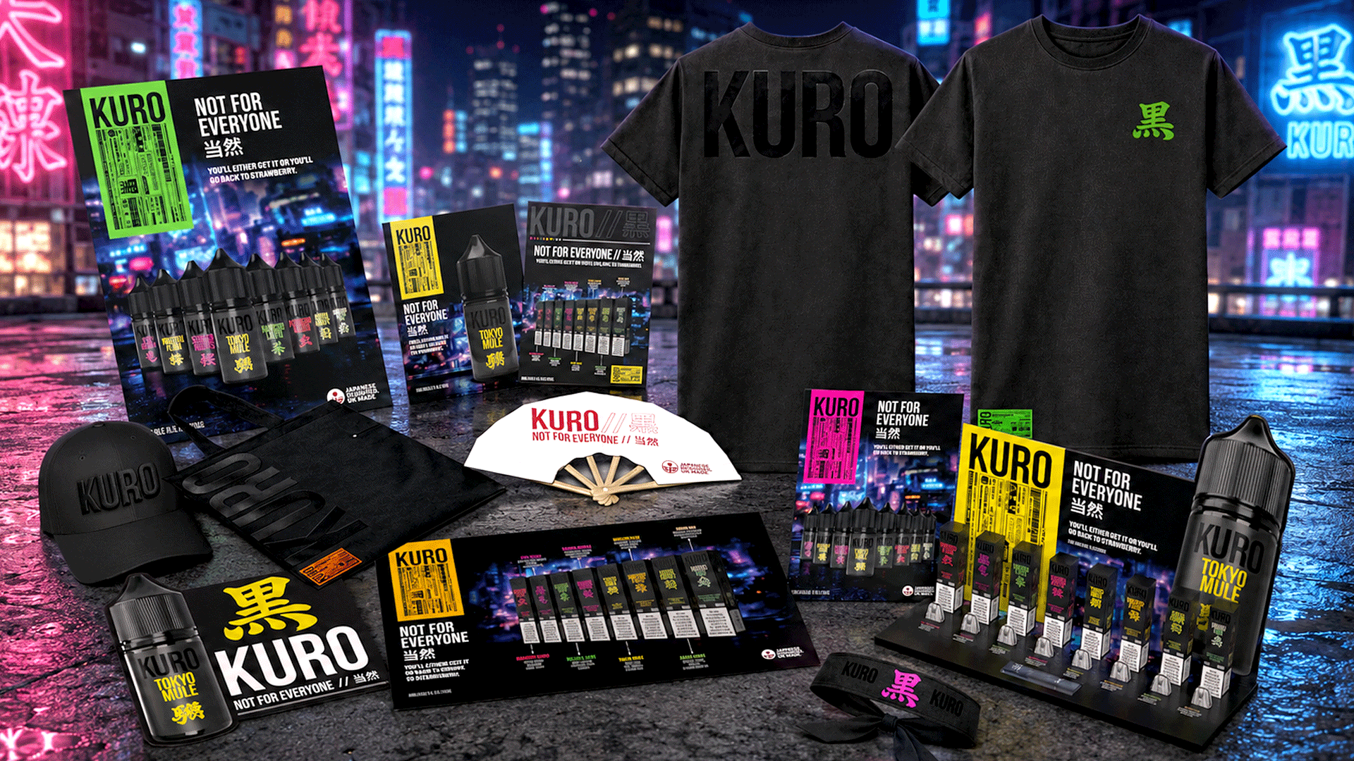 KURO retailer merch and point-of-sale pack: black tees, cap, headband, folding fan, tote bag, posters, flavour boards and counter display units against a neon Tokyo backdrop